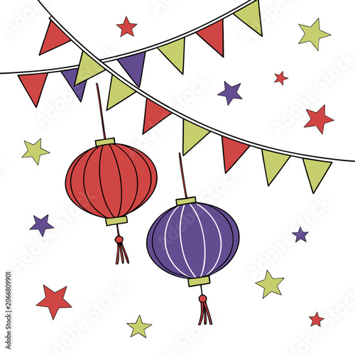 Red and Purple Round Paper Lanterns Hanging with Bunting and Stars on a White Surface