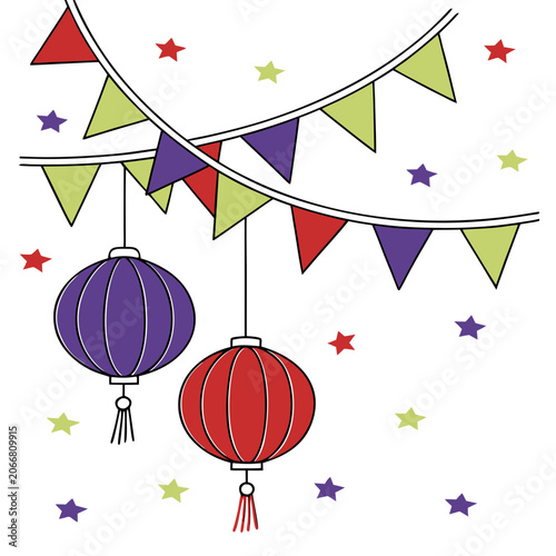 Red and Purple Round Lanterns Hanging with Multi Colored Bunting Flags and Stars on White