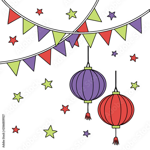 Red and Purple Paper Lanterns Hanging with Green Bunting Flags and Stars on White Background