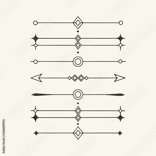 Seven Black Geometric Line Dividers with Diamonds Circles and Stars on Cream Background