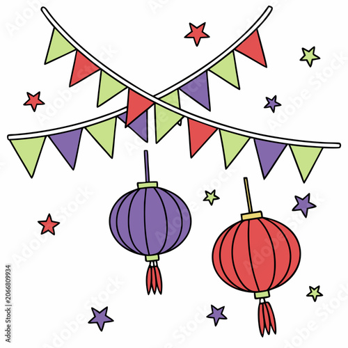 Red and Purple Paper Lanterns Hanging Below Crossed Bunting Flags and Stars on White