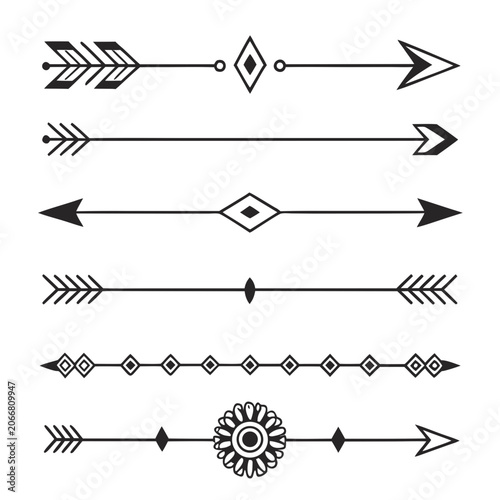 Six Black Decorative Tribal Arrows with Geometric Diamond Patterns and Feathers on White Space