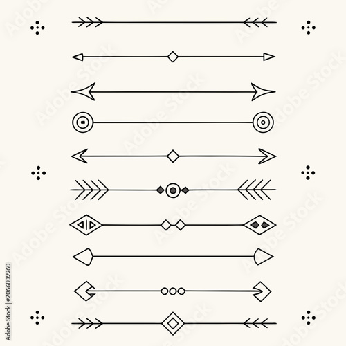 Ten Black Geometric Line Dividers with Arrows and Diamonds on Cream Color Surface