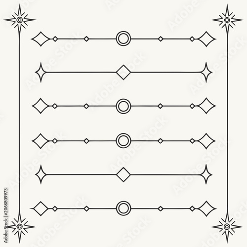 Thin Black Geometric Line Dividers with Diamonds Circles and Stars on Plain Off-White Background