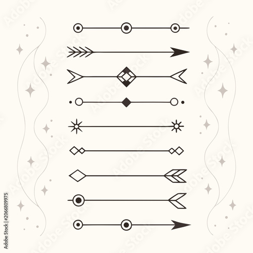 Ten Thin Geometric Line Dividers with Black Arrowheads and Diamonds on Cream Colored Surface