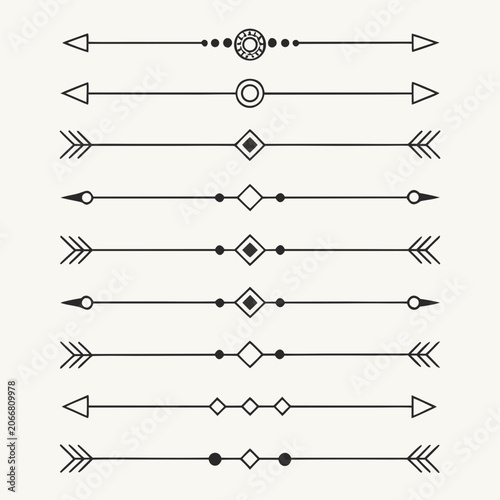 Ten Black Geometric Line Dividers with Arrowheads and Diamonds Arranged on Off-White Surface