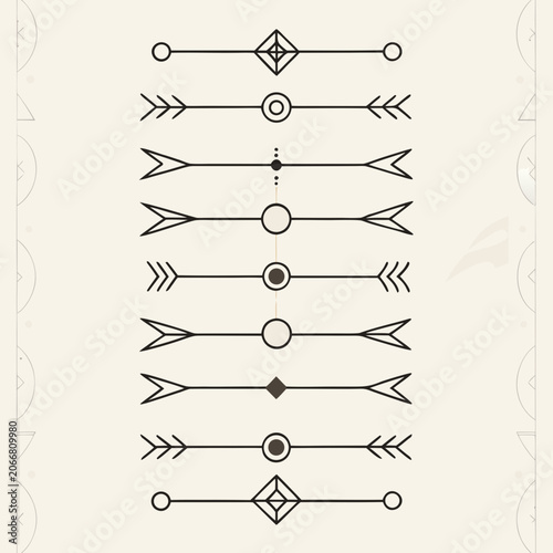 Ten Thin Black Line Geometric Dividers with Circles and Arrowheads on Light Cream Page
