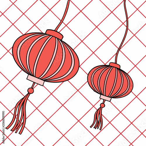 Two Red Chinese Paper Lanterns with Pink Tassels Hanging on Red Diagonal Grid Background