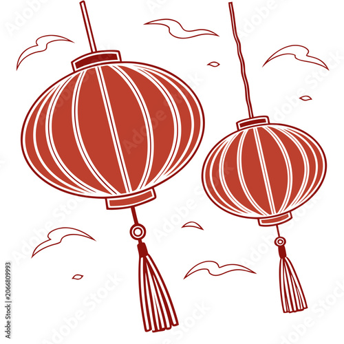 Two Red Chinese Paper Lanterns Hanging with Dark Red Tassels and Wave Shapes on White