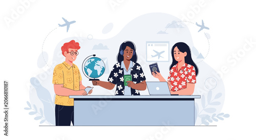 Travel Agency Consultation: Diverse Travelers Booking Trips with Agents, Featuring Passports and Globe