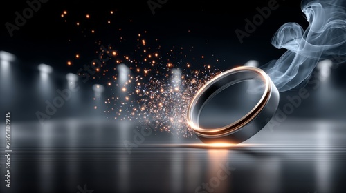 Sparkling ring surrounded by smoke and light in a dark setting