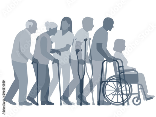 Elderly Care and Disability Support Illustration With Seniors Using Mobility Aids and Caregiver Assistance