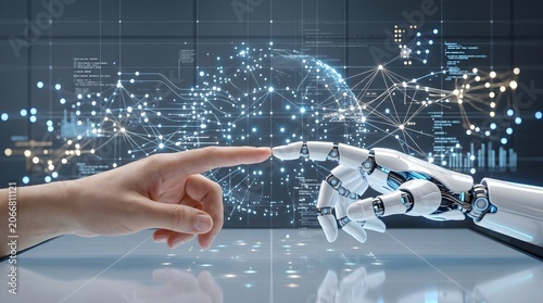 Minimalist sci-fi scene showing elegant touch with glowing artificial intelligence networks.