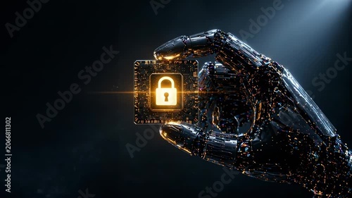 Robotic hand holding glowing lock icon, cyber security and AI data protection concept, animation.