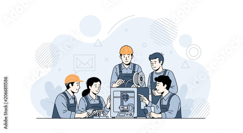 Team of engineers working with 3D printer and prototyping parts, innovative technology concept