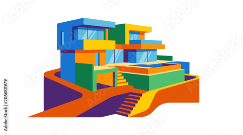 Modern colorful house with stairs outside.