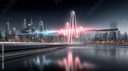 Pulse line representing life rhythm in a cityscape setting with urban skyline in background
