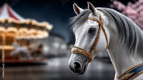 Majestic horse stands before a classic carousel with vibrant motion in the background
