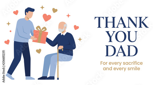 Fathers day gift vector illustration of son giving present box to old dad with thank you text