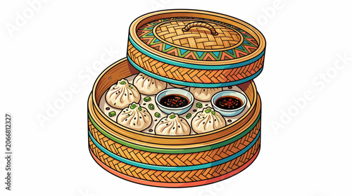 Steamer basket with dumplings inside.