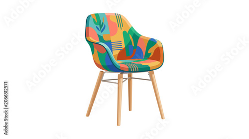 Colorful chair with wooden legs.