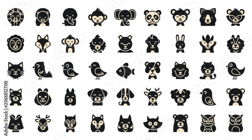 Animal icon set flat minimal black beige vector illustration for web app ui stickers print kids