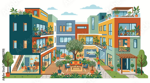 Modern colorful residential apartment buildings.