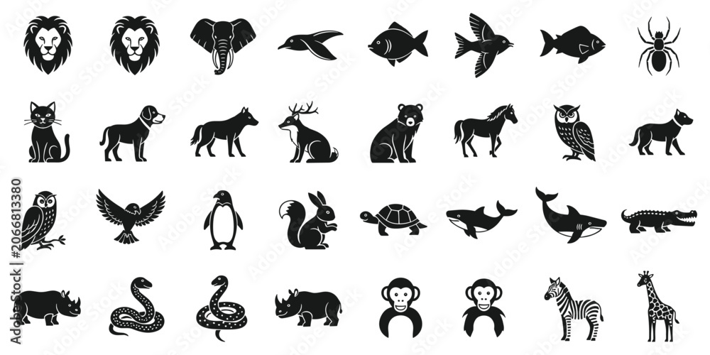 Obraz premium Animal silhouette icons set with wild zoo creatures for flat vector illustration black graphic design symbols pack