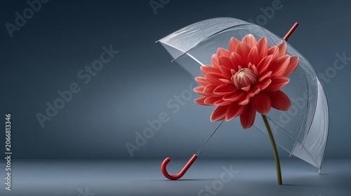 Flower inside a clear umbrella stands out against a solid background