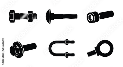 Fotografie Assorted Bolts And Nuts Black Vector Silhouette On White Background