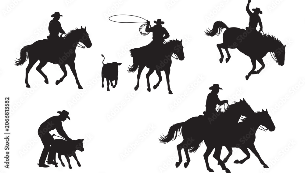 Fototapeta premium Horse Cowboy Silhouettes Set with Cowboy Hat Figures on Black Ranch Horses for Western Themed Design and Icons