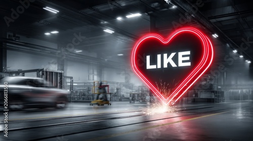 Heart symbol with the word like illuminates a workshop space showing sparks and motion