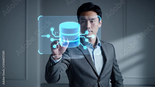 Focused Asian Man Touching Digital Database Interface in Gray Suit With Light Blue Shirt, High Tech Background, Minimalist White Wall, Data Visualization