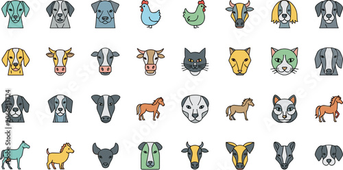 Farm pet animal head icon set pack vector illustration for cow dog web app ui logo card