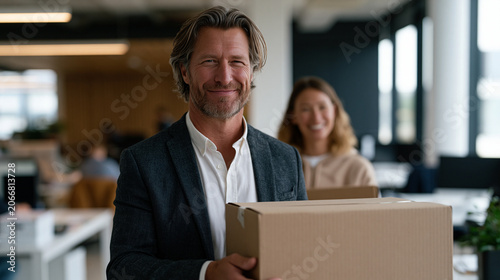 New CEO in open-plan office personally helps administrative coordinator carry boxes, company culture of servant leadership concept, sterile white contemporary workspace
