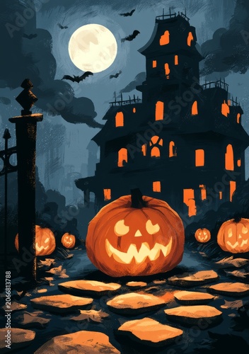 Spooky Halloween Night with Jack-o'-lanterns and Haunted House