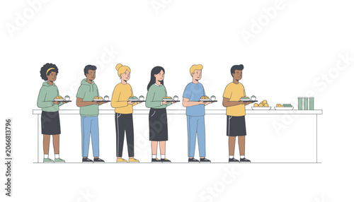 Diverse group of six individuals standing in a cafeteria line holding food trays to represent communal dining experiences in a school or workplace setting.