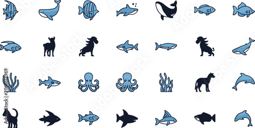 Sea animal icons flat blue black grid vector illustration for web app stickers print education