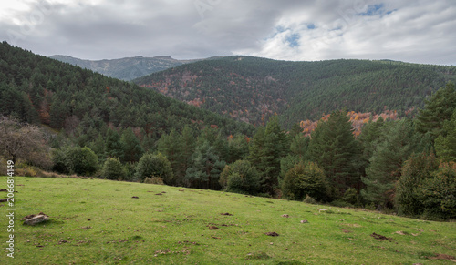 Mountain landscape in Sierra Cebollera Natural Park, La Rioja, Spain, with forested hills, open meadow, autumn colours and overcast sky