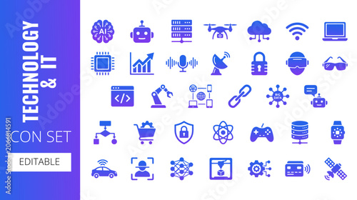 Technology and it icon set editable vector graphics