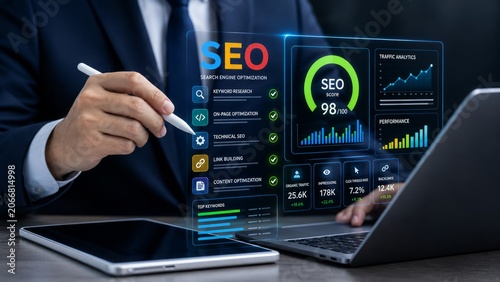 SEO Specialist Analyzing Website Performance, Search Engine Optimization Metrics, and Certification Compliance