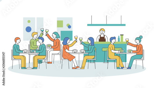 Friends toasting with wine glasses in a restaurant or bar setting with a bartender in the background for social gathering and celebration concepts.