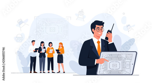 Diverse Business Team Collaborates on Stadium Blueprint Using Digital Tools and Two-Way Radio Communication