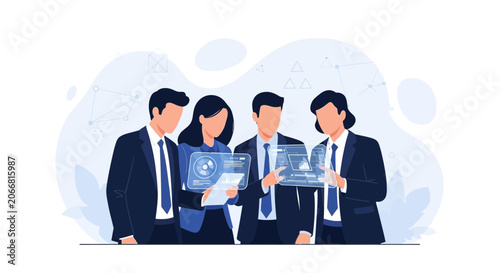 Diverse business team collaborating on futuristic holographic technology, data analysis, and innovation