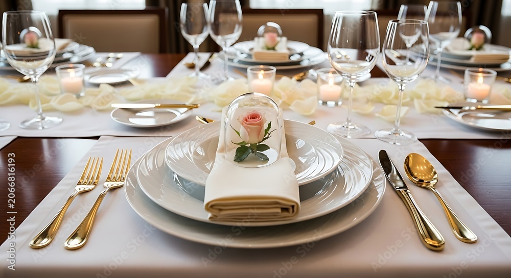 Fototapeta premium Elegant wedding table setting with white floral centerpieces and gold cutlery for a formal reception dinner