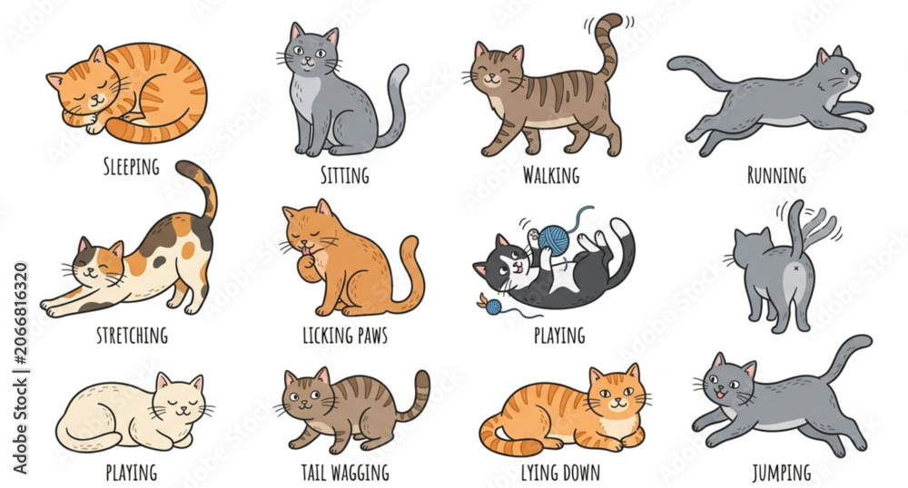 Obraz premium Hand drawn cat action elements set for seamless pattern vector illustration