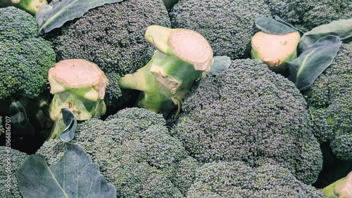 full frame of fresh broccoli heads with stalks