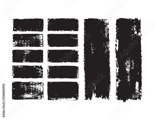 Grunge ink stamp texture set created with brayer technique. Rough vintage letterpress rectangles and vertical backgrounds with irregular edges and linocut print shapes. Vector illustration isolated on