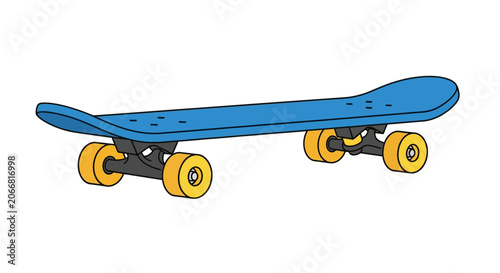 Blue skateboard with yellow wheels.