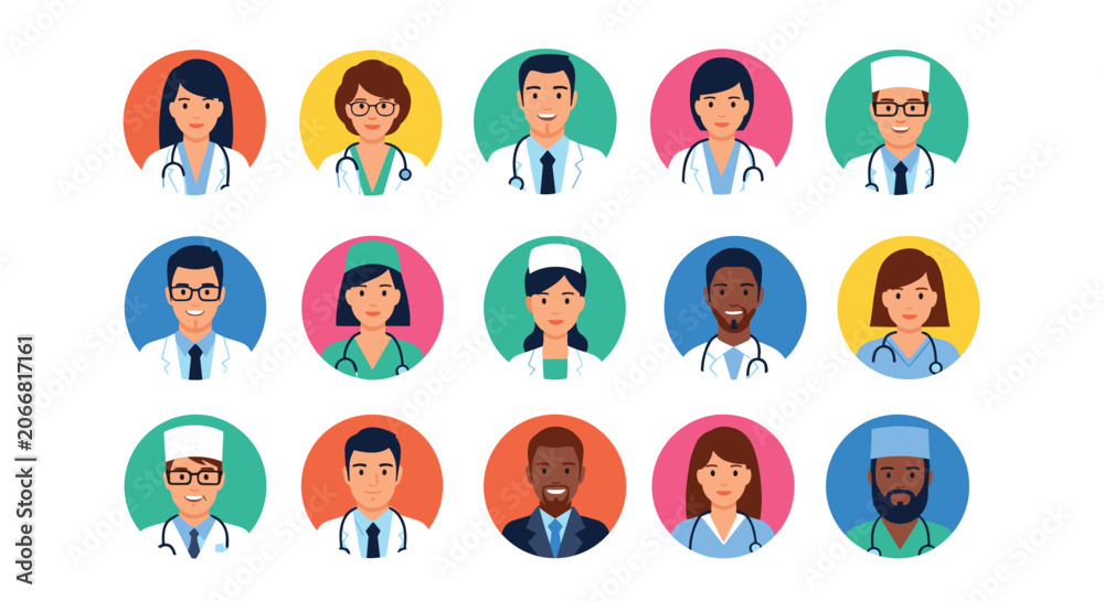 Fototapeta premium Comprehensive grid of circular avatars featuring diverse doctors and nurses, representing a broad and inclusive medical staff or healthcare team.